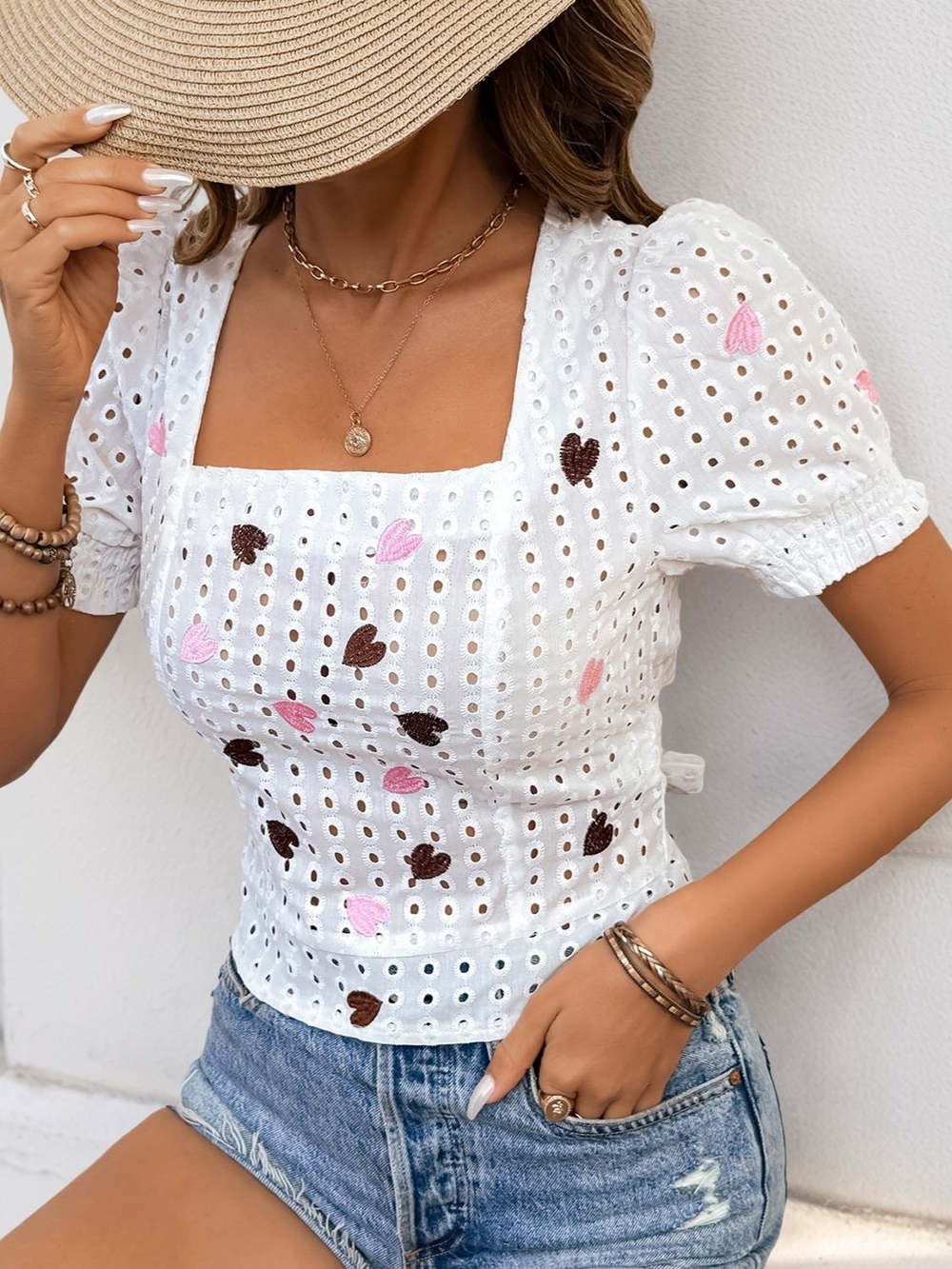 Square-Neck White Eyelet Blouse with Pink & Brown Heart Accents